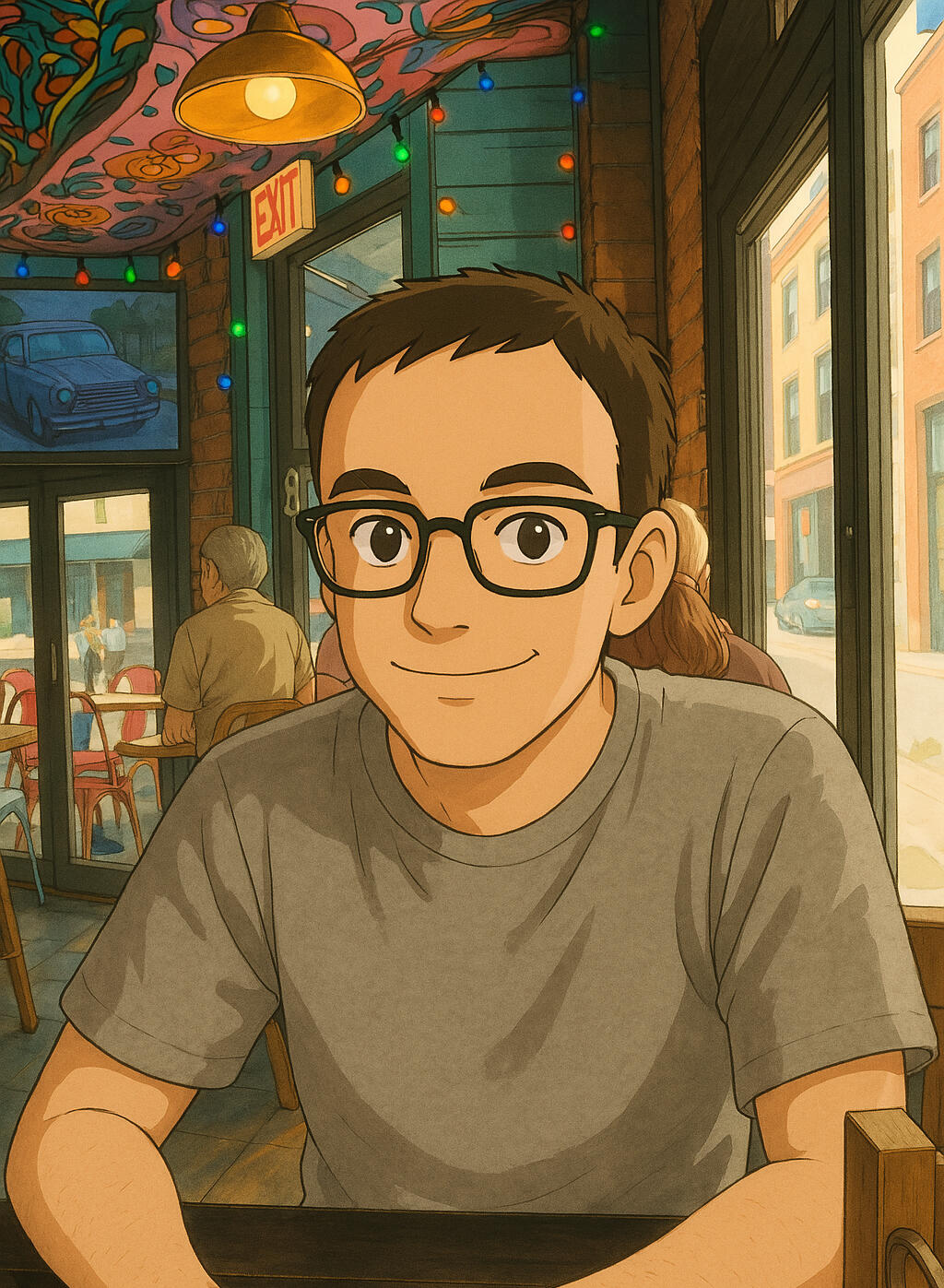 Studio Ghibli-style illustration of Adam Heckler